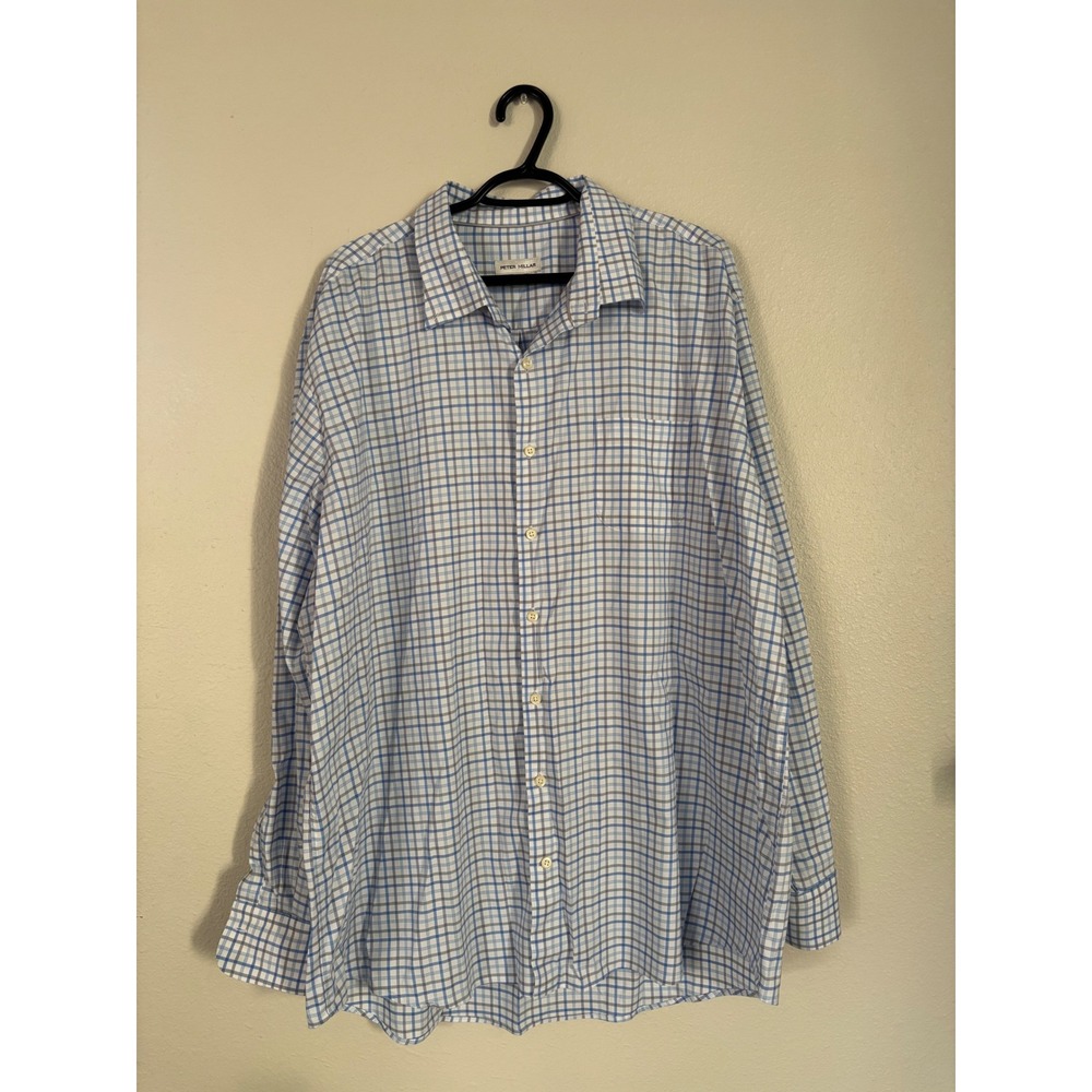 Peter Millar Mens XXL Blue White Plaid Long Sleeve Button‎ Down Shirt Check